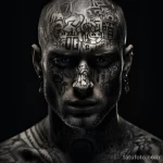 Art photo with contrasting black and white lighting, highlighting the texture of the skin and the name tattoo on the forehead 2 - 07,11,2023 tatufoto.com