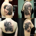 Artistic tattoo of a vintage movie projector on someone's shoulder 16.11.2023 tatufoto.com 01