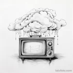 Черно-белый эскиз татуировки старого телевизора, из которого льется дождь, с облаками над ним, выполненный в графичном стиле.
