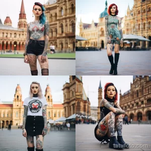 Коллаж из четырех фотографий тату на теле девушки в различных стилях и образах. Изображены элементы татуировки на руках, ногах и теле.
