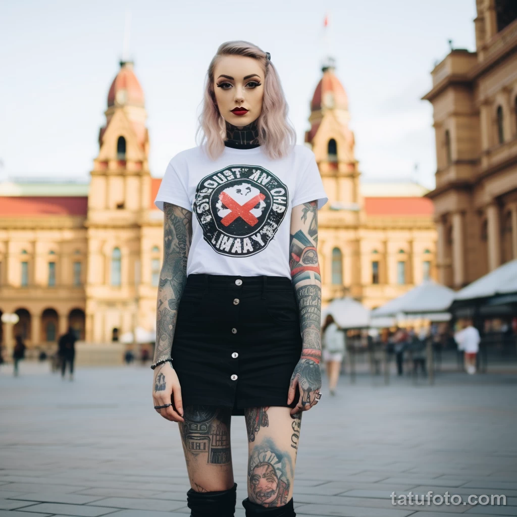 Australian beautiful Girl in full growth on the city square with cool tattoos on her body posing dressed in short national clothes 2 - 08112023 tatufoto.com 50
