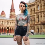 Фото тату на теле девушки с голубыми волосами. Изображены элементы татуировки на руках, ногах и теле.
