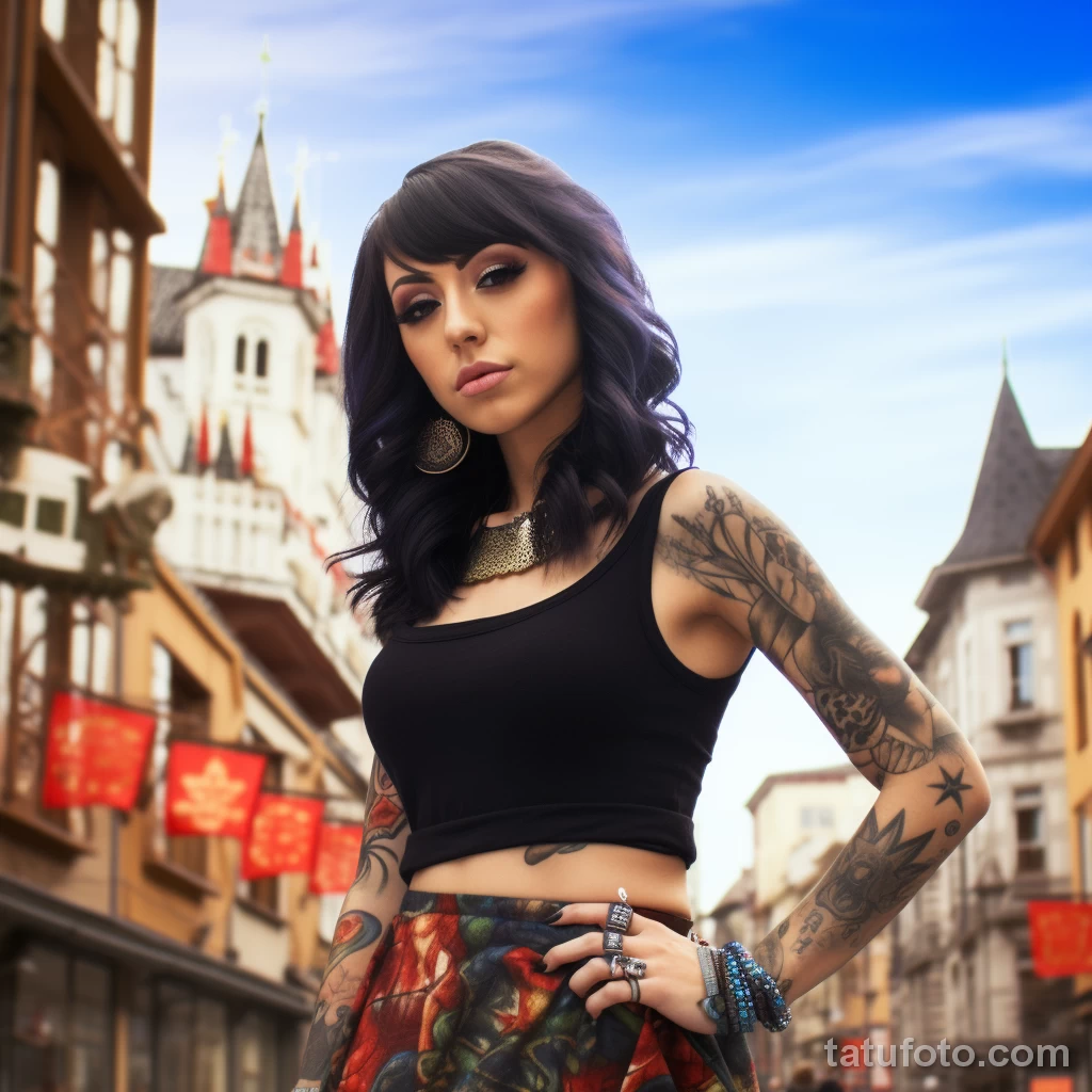 Beautiful Spanish girl Full-length girl in a city square with large beautiful tattoos on her body posing, the country’s flag is visible in the background 2 - 08112023 tatufoto.com 60