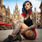 Beautiful Spanish girl Full-length girl in a city square with large beautiful tattoos on her body posing, the country’s flag is visible in the background 4 - 08112023 tatufoto.com 62