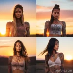 Коллаж из четырех фотографий девушек с татуировками в стиле бохо. Татуировки на лице, шее и руках создают этнический образ. Девушки стоят на фоне заката.