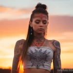 Boho girl standing in a yoga pose against a sunset background, with a name tattoo on her forehead standing out against the light sky background 4 - 07,11,2023 tatufoto.com