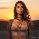 Boho girl standing in a yoga pose against a sunset background, with a name tattoo on her forehead standing out against the light sky background 5 - 07,11,2023 tatufoto.com