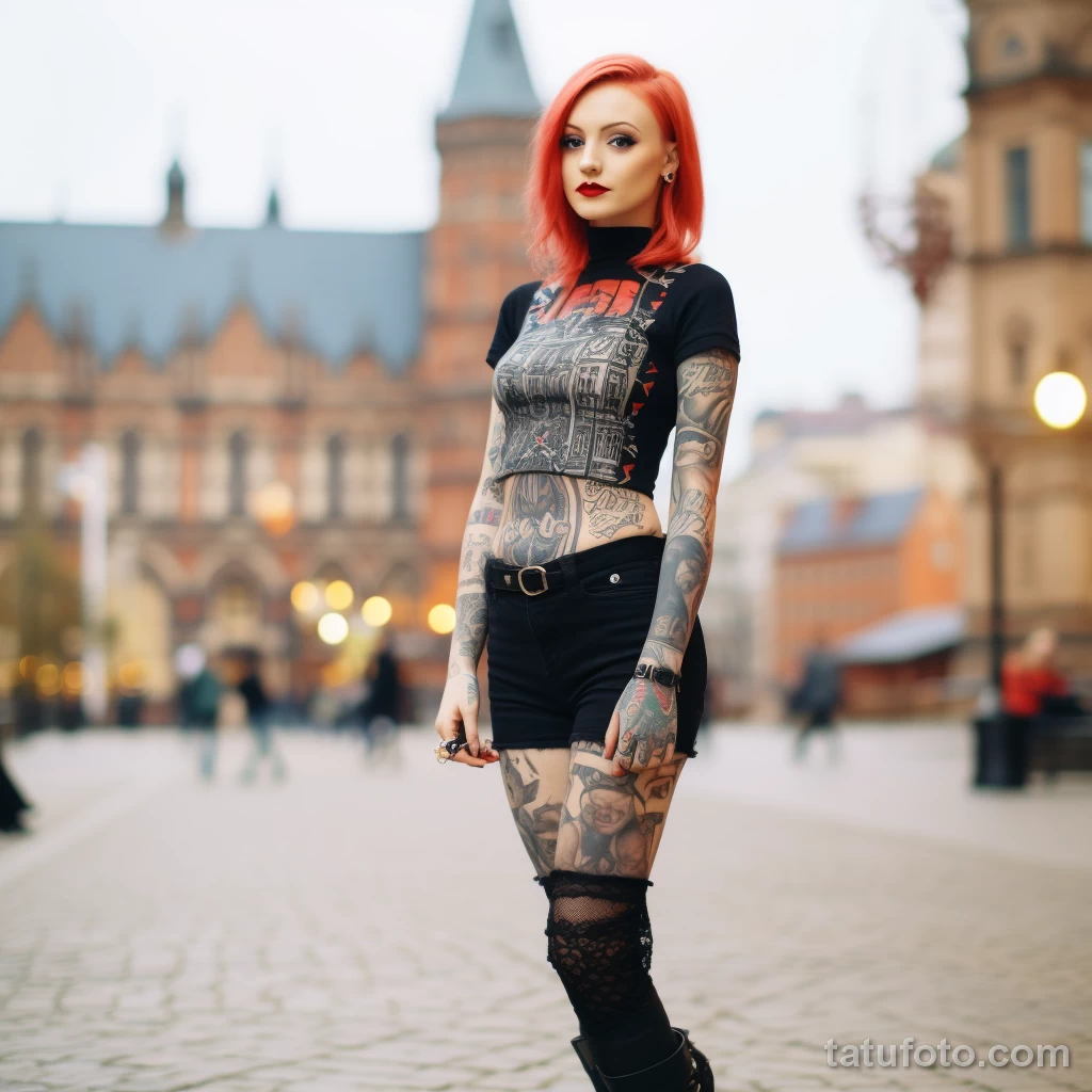 British beautiful Girl in full growth on the city square with cool tattoos on her body posing dressed in short national clothes 2 - 08112023 tatufoto.com 70