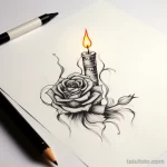 Черно-белый эскиз татуировки с изображением розы и свечи. Детализированный рисунок, выполненный карандашом, с акцентом на текстуру лепестков и пламя.