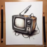 Черно-белый эскиз татуировки старого телевизора с антенной, выполненный в реалистичном стиле с детальной проработкой теней и текстур.