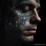 Фото тату на лице мужчины, изображающее звездное небо с мерцающими звездами и абстрактными линиями. Черно-белая татуировка с серебристыми акцентами.