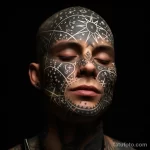 Фото тату на лице мужчины, покрытом сложным узором из геометрических фигур, звезд и символов. Черно-белая татуировка с высокой детализацией.