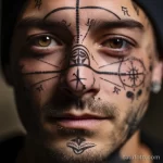 Фото тату: сложный узор, включающий компас, геометрические фигуры и символы на лице мужчины. Рисунок татуировки выполнен в черном цвете.