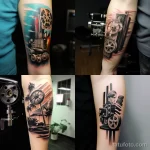 Close-up of a tattoo depicting a classic film reel and clapperboard on a forearm 1 16.11.2023 tatufoto.com 11