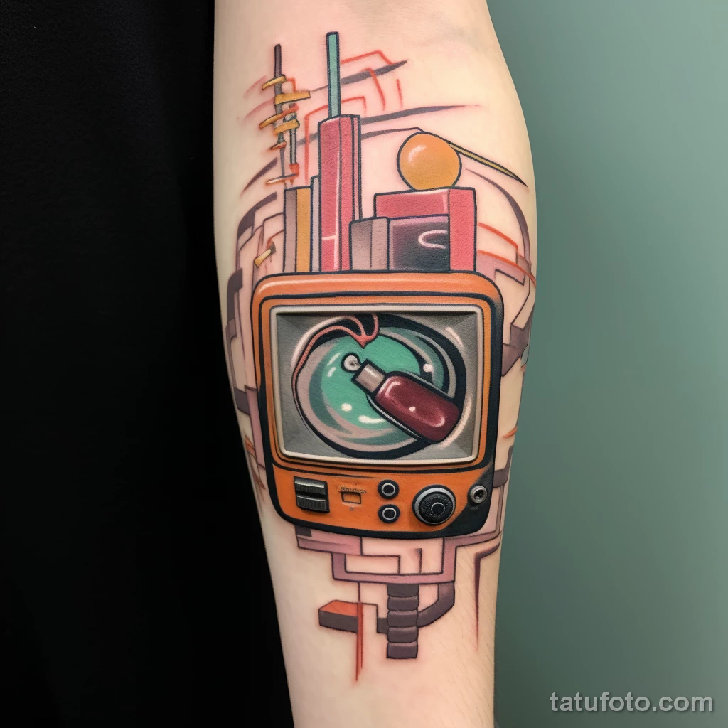 Close up of a vintage TV tattoo on a forearm with in cdc cd a f ffcaba _1_2 181123 tatufoto.com