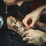 Фото тату: процесс нанесения реалистичной татуировки с цветами на предплечье девушки. Детализированный рисунок с использованием мягких оттенков.