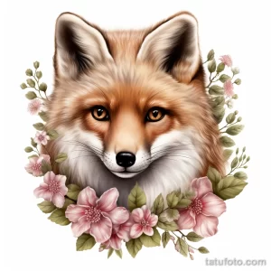 Фото тату лисы, окруженной розовыми цветами, выполненное в реалистичном стиле. Детализированный рисунок шерсти и глаз.