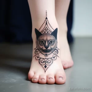 Фото тату кошки на стопе, выполненное в технике blackwork. Изображение детализированное и выразительное, с использованием геометрических узоров.