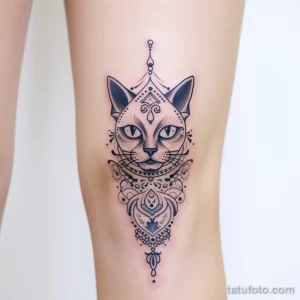 Фото тату кошки на руке, выполненное в технике blackwork. Изображение детализированное и выразительное, с использованием геометрических узоров.