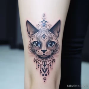 Фото тату кошки на руке, выполненное в технике blackwork с использованием голубых акцентов в глазах. Изображение детализированное и выразительное.