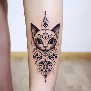 Фото тату кошки на руке, выполненное в технике blackwork. Изображение детализированное и выразительное, с использованием геометрических узоров.