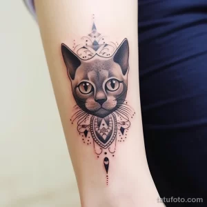 Фото тату кошки с короной на руке, выполненное в стиле blackwork с элементами дотворк. Изображение детализированное и выразительное.