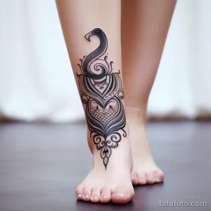 Фото тату лебедя на стопе, выполненного в технике blackwork. Изящный силуэт птицы дополнен геометрическими узорами и тонкими линиями.