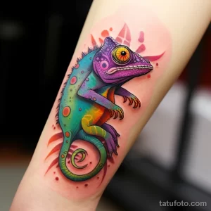 Фото тату на руке с изображением хамелеона, ползущего по ветке. Яркий и детализированный рисунок татуировки.