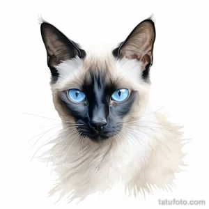 Фото реалистичной татуировки кошки породы сиамский с голубыми глазами и детально прорисованной шерстью. Красивый рисунок татуировки.