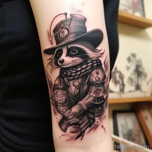 Фото тату енота в костюме, вдохновленном Alice in Wonderland, с часами и другими символами сказки, выполненное в черно-белом стиле на предплечье.