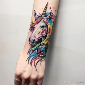 Фото татуировки с изображением головы единорога, выполненной в яркой акварельной технике на запястье. Грива и рог переливаются всеми цветами радуги.