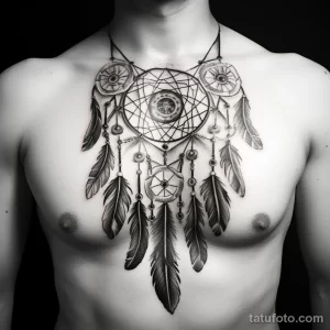 Фото тату ловца снов на груди, выполненное в технике blackwork. Детализированный рисунок с перьями и бусинами, расположенный на мужской груди.