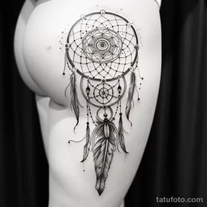 Фото тату ловца снов на бедре, выполненное в технике blackwork. Большой и детализированный рисунок с множеством перьев и бусин.