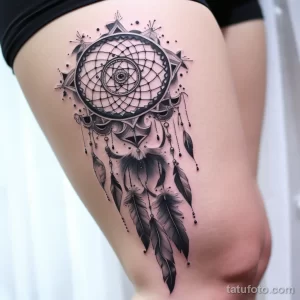 Фото тату ловца снов на бедре, выполненное в технике blackwork с добавлением геометрических фигур. Современный и стильный дизайн.