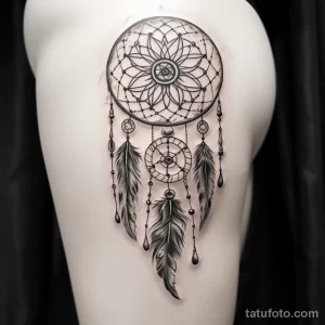 Фото тату ловца снов на бедре, выполненное в технике blackwork. Простой и элегантный дизайн с акцентом на детали.