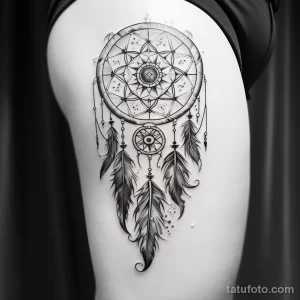 Фото тату ловца снов на бедре, выполненное в технике blackwork. Детализированное изображение с перьями и бусинами.