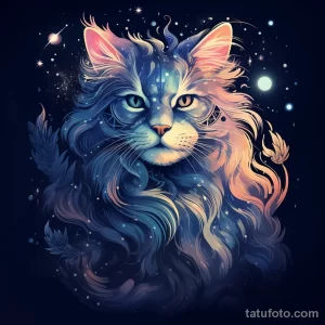 Яркое тату кота на фоне звездного неба. Нежные переходы цветов и мерцающие звезды создают эффект волшебства и загадочности.