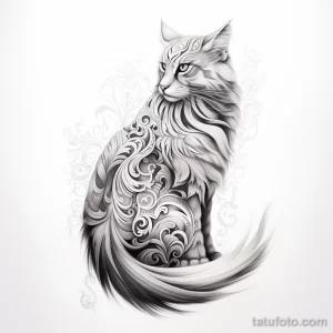 Черно-белое тату кота с декоративным орнаментом на теле. Сложные узоры и изящные линии придают татуировке восточный колорит.