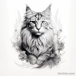 Черно-белое тату кота, сидящего среди роз. Детализированная шерсть и нежные цветы создают романтическую и элегантную композицию.