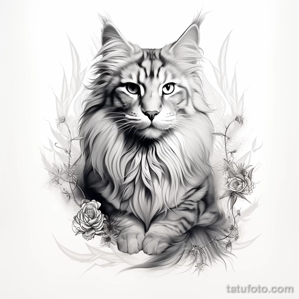 Design a lifelike tattoo of a regal Maine Coon cat w fadc ff aa ecfbecd _1 221123 tatufoto.com