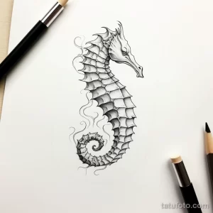 Фото эскиза татуировки морского конька, выполненного в технике pointillism. Детализированный рисунок с множеством точек.