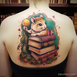 Фото тату на спине с изображением милой мышки, сидящей на стопке старинных книг, окруженной цветами и музыкальными нотами.