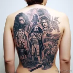 Detailed tattoo of iconic movie characters from 'Star Wars' on a person's back 2_1 16.11.2023 tatufoto.com 27