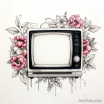 Фото эскиза тату: старый телевизор, окруженный розами и каплями, готический стиль, черно-белый рисунок, детализированная проработка, мрачная эстетика.