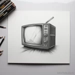 Фото эскиза тату: старый телевизор с антенной, выполненный в графическом стиле, черно-белый рисунок, карандашные штрихи, детализированная проработка.