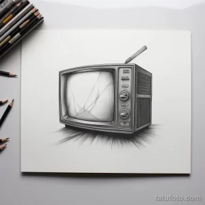 Фото эскиза тату: старый телевизор с антенной, выполненный в графическом стиле, черно-белый рисунок, карандашные штрихи, детализированная проработка.