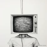 Фото тату: человек с телевизором вместо головы, черно-белый рисунок, сюрреализм, детальная проработка, концептуальное искусство.