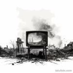 Черно-белый эскиз татуировки с изображением старого телевизора, стоящего среди руин разрушенного города. Апокалиптический и драматичный рисунок.
