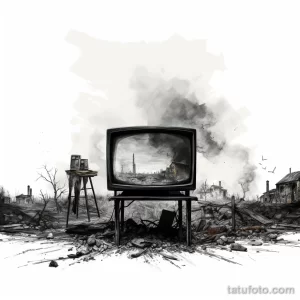 Черно-белый эскиз татуировки с изображением старого телевизора, стоящего среди руин разрушенного города. Апокалиптический и драматичный рисунок.