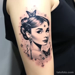 Фото тату на плече с портретом Одри Хепберн и двумя бабочками. Детализированный рисунок татуировки с использованием теней и цветов.